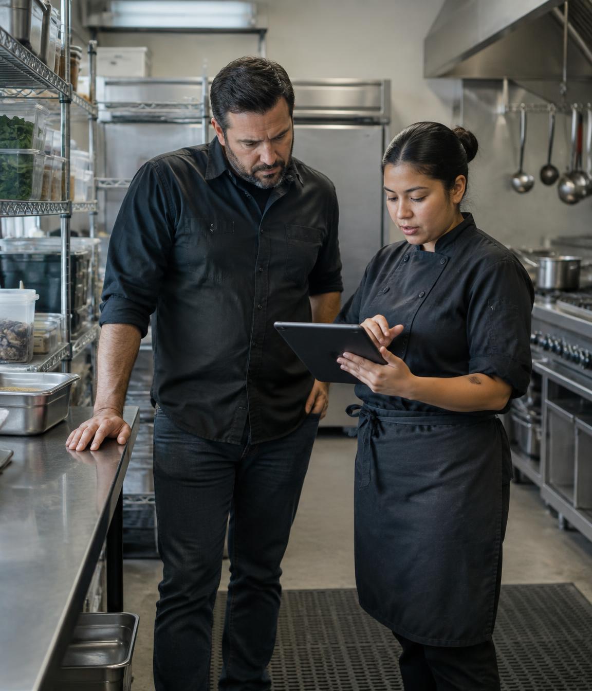 A restaurant owner and a shift lead checking inventory on a tablet in a commercial kitchen