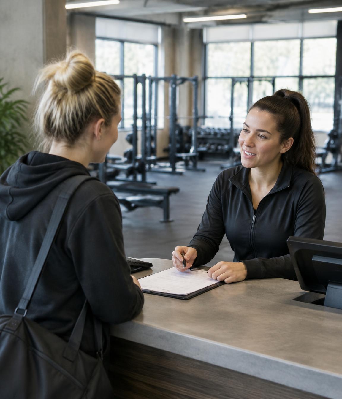 A studio manager at the front desk helping a new member with sign-up paperwork