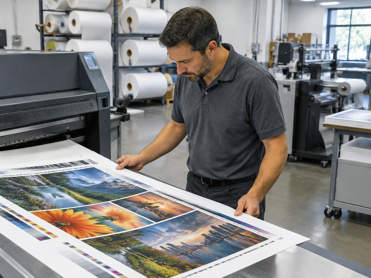 Print-shop worker checking a color proof near production equipment